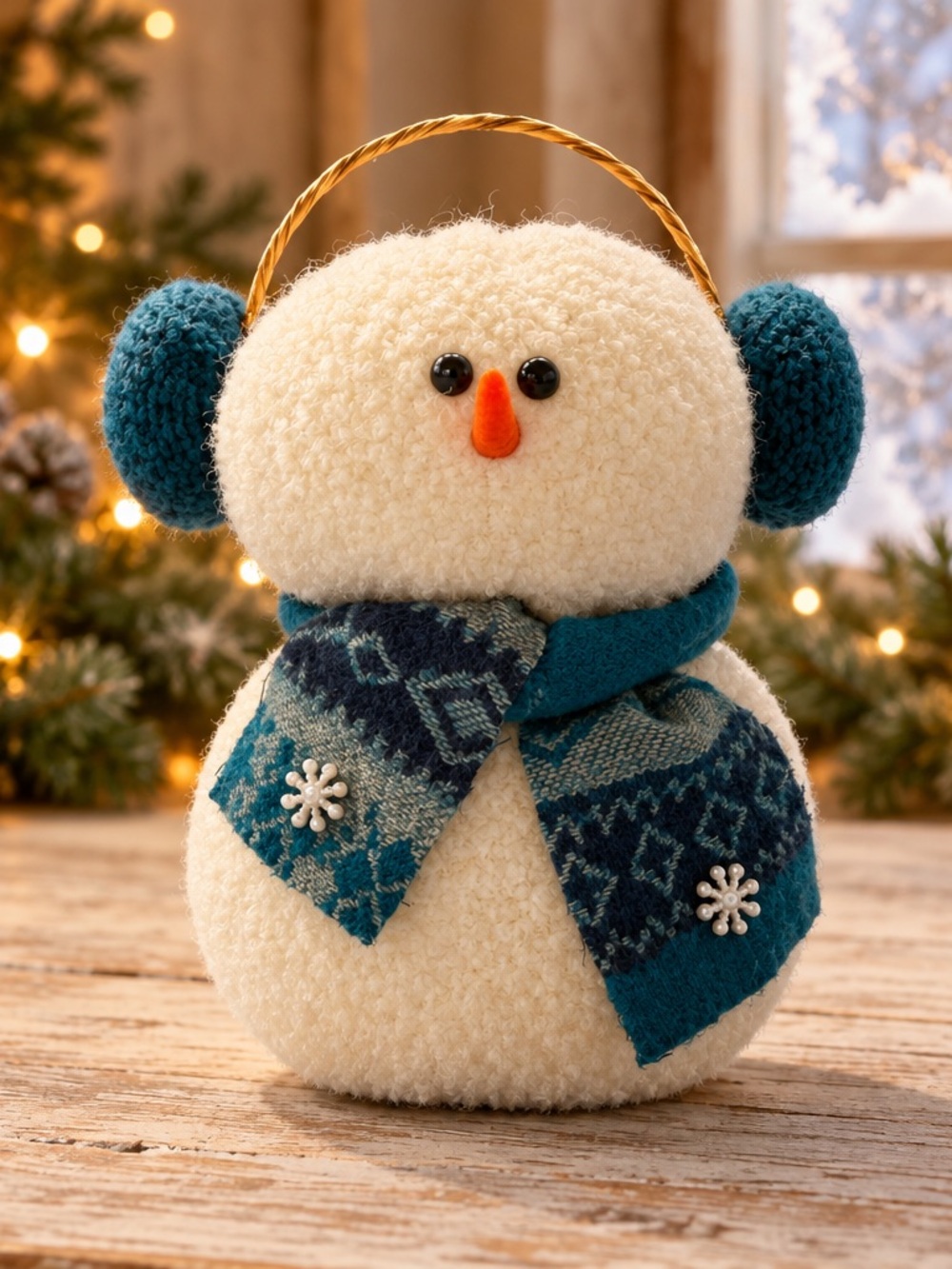Ivory Snowman Holiday Figurine with Teal Accessories